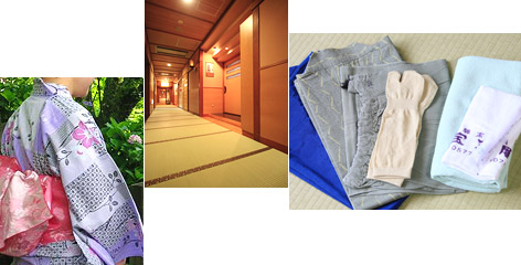 作務衣と浴衣、畳敷の廊下イメージ